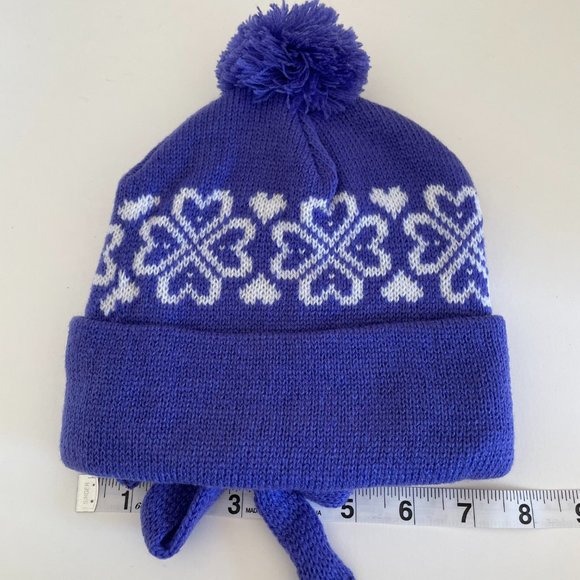 Toddler Purple & White Hearts Fair Isle Pattern Pom Pom Beanie Hat & Mitten Set - Picture 4 of 5